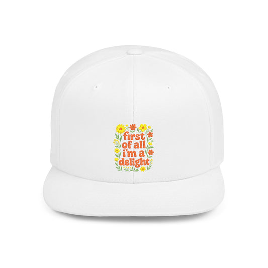 White cap with floral design and text on a white background