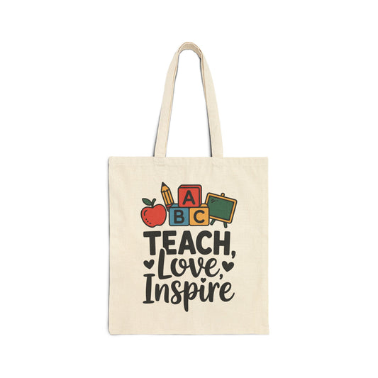 TEEZOCA tote bag with Teach Love Inspire text and school-themed icons