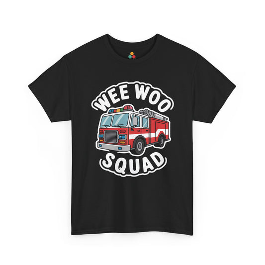 “Teezoca Wee Woo Squad shirt, cartoon red fire truck with Wee Woo Squad curved white text, black tee, front view.”

