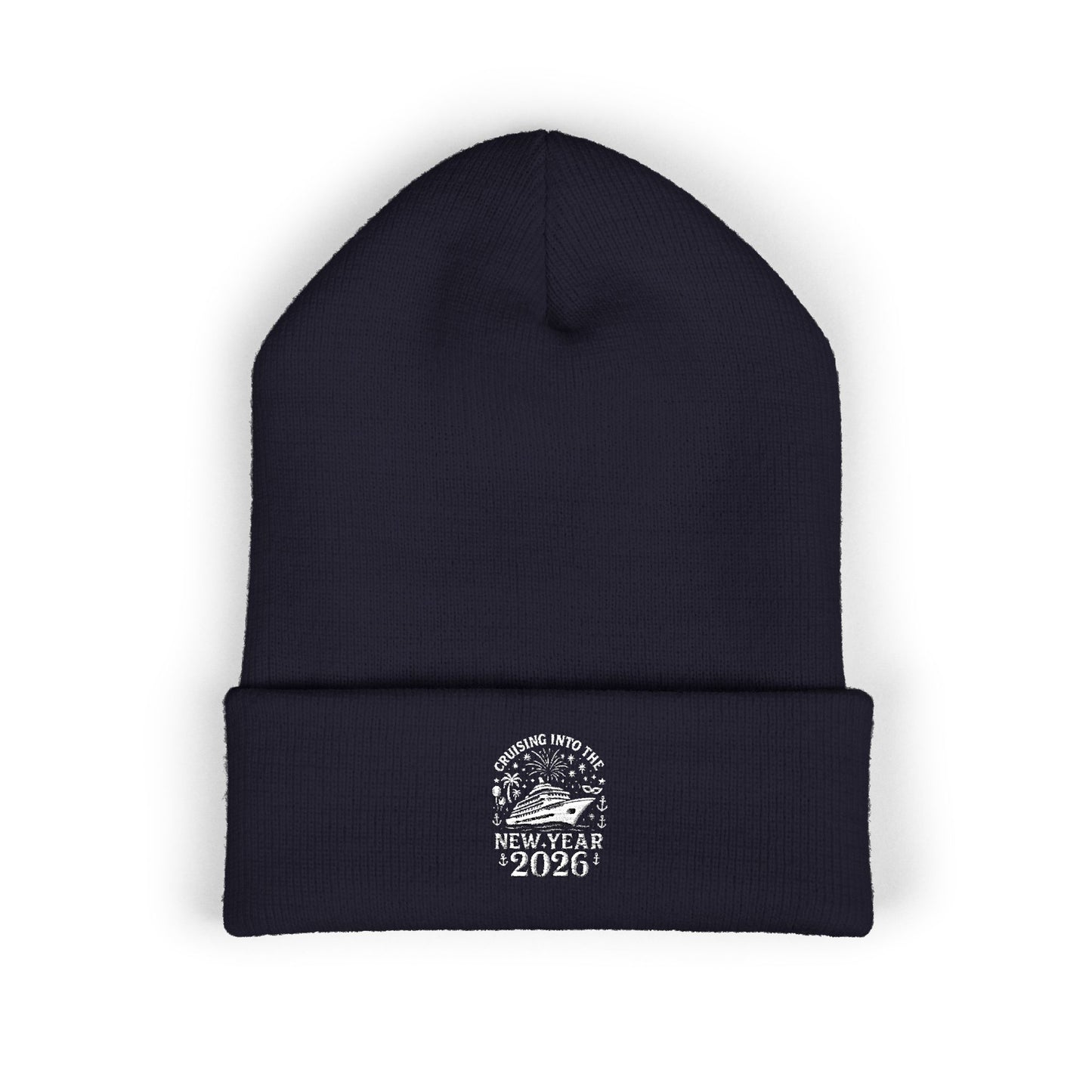 Black beanie with white text and design of cruising into the new year 2026 on a white background