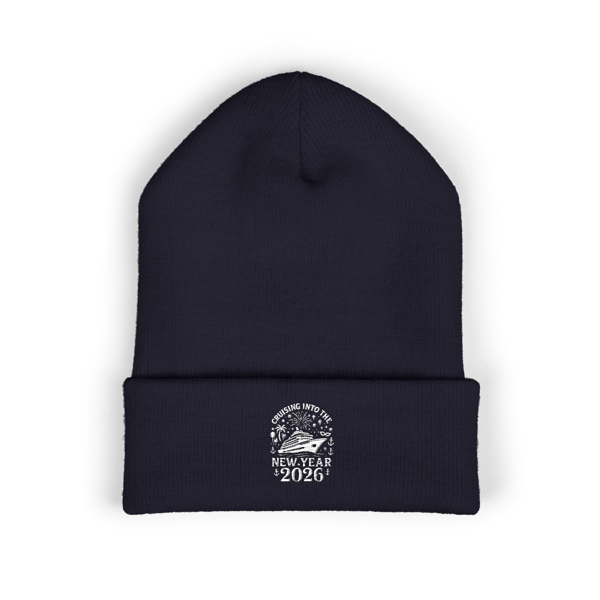 Black beanie with white text and design of cruising into the new year 2026 on a white background