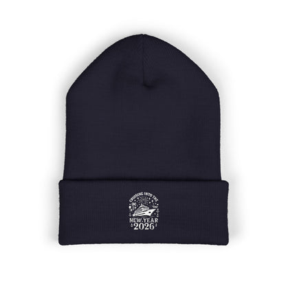 Black beanie with white text and design of cruising into the new year 2026 on a white background