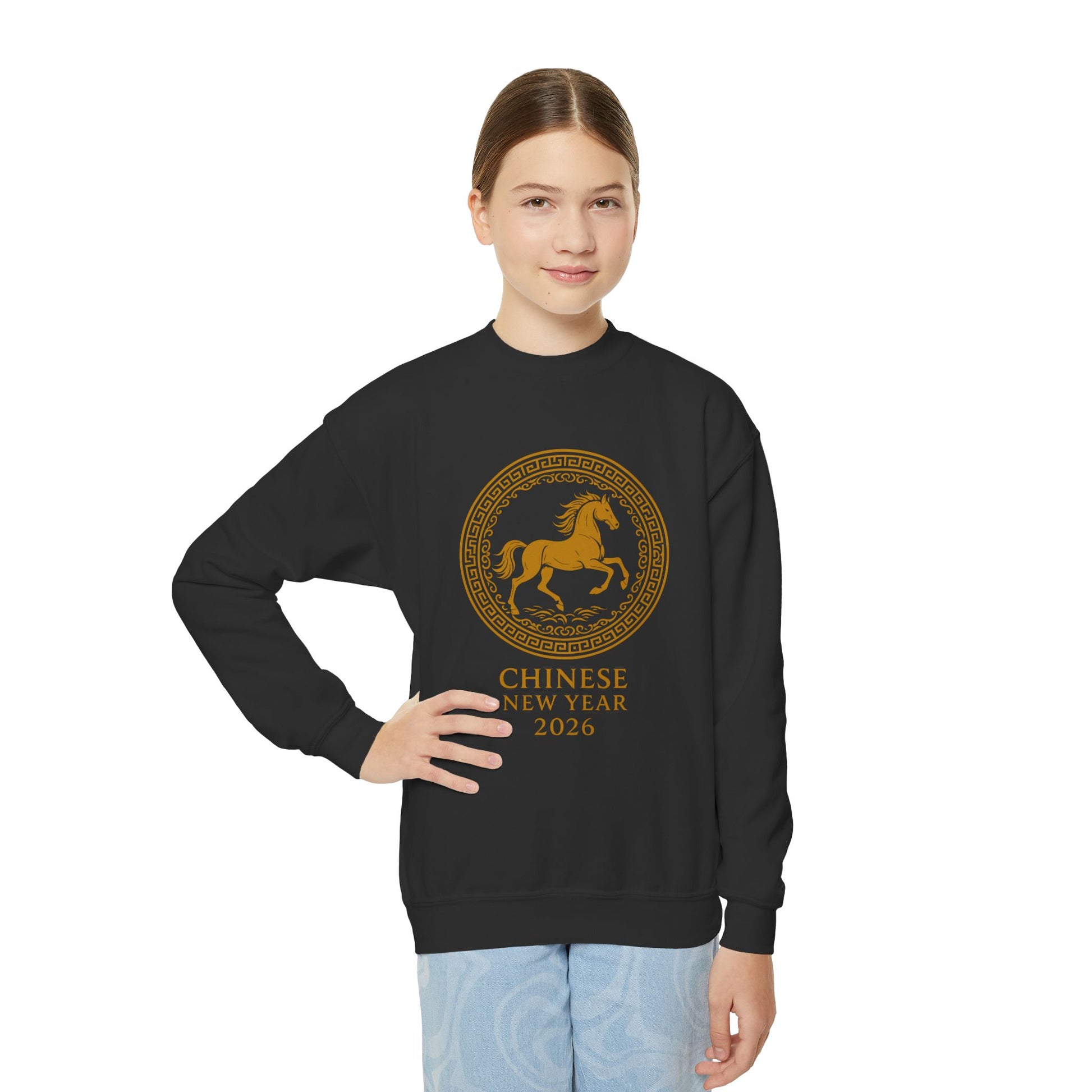 Chinese New Year Horse Kids Sweatshirt – Gold Zodiac Horse Jumper for Lunar New Year 2026 TEEZOCA