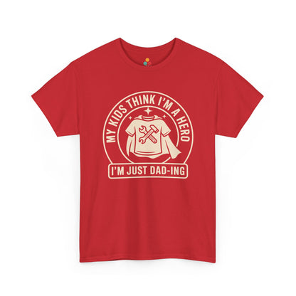 TEEZOCA red “My Kids Think I’m A Hero I’m Just Dad‑ing” statement dad T‑shirt shown flat.