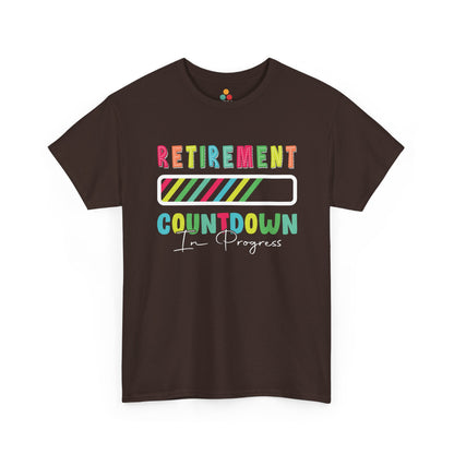 “Teezoca Retirement Countdown In Progress t-shirt, bright progress bar retirement graphic, dark brown tee, front view.”


