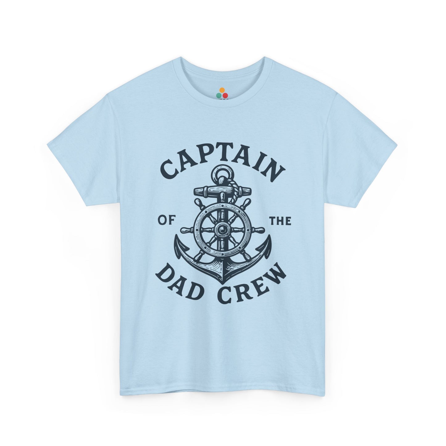 “Teezoca light blue Captain of the Dad Crew nautical shirt, anchor and wheel graphic, casual boat dad tee, front.”

