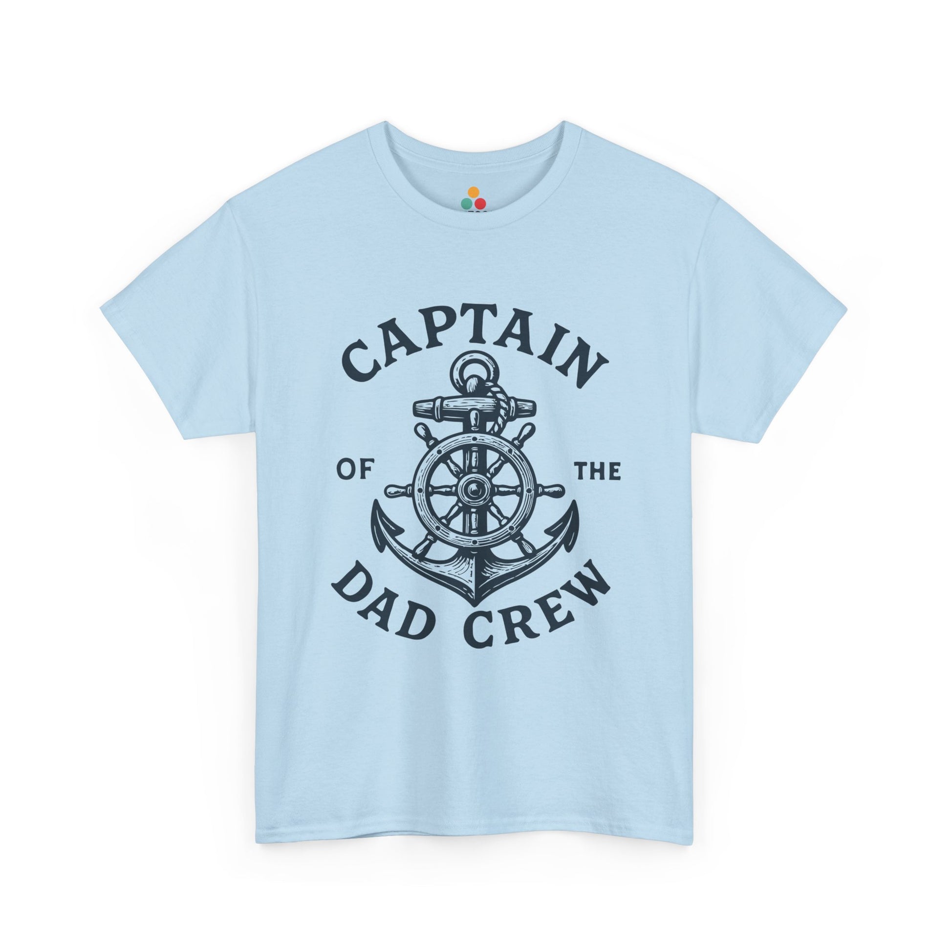 “Teezoca light blue Captain of the Dad Crew nautical shirt, anchor and wheel graphic, casual boat dad tee, front.”

