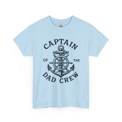 “Teezoca light blue Captain of the Dad Crew nautical shirt, anchor and wheel graphic, casual boat dad tee, front.”


