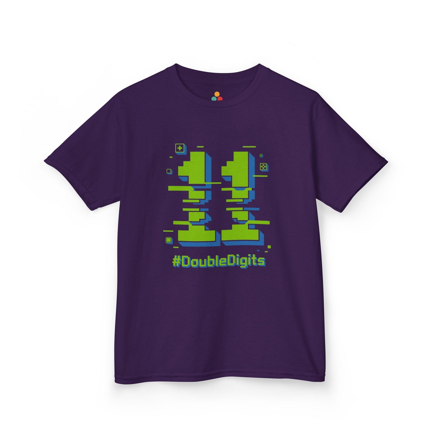 Purple kids’ t‑shirt with neon green and blue pixel number 11 and “#DoubleDigits” gamer text, flat front view.