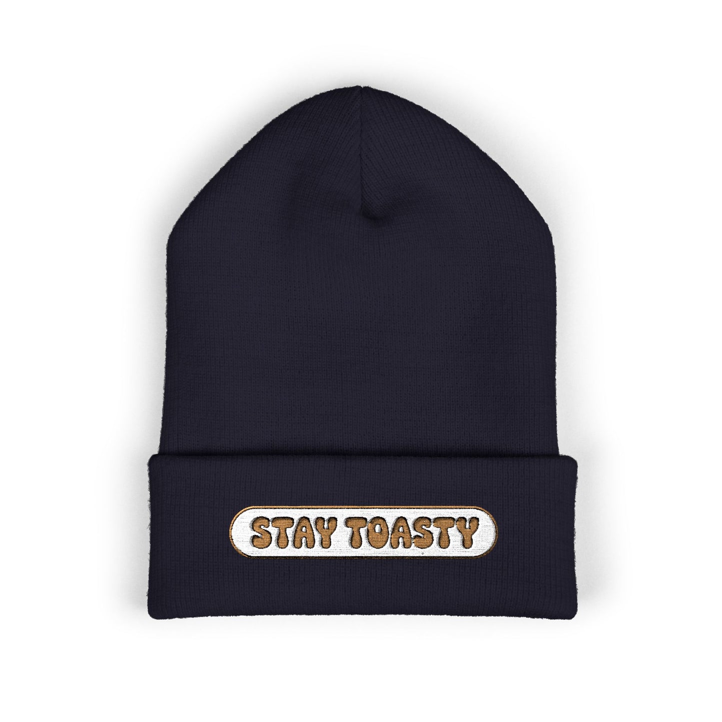 Black beanie with 'Stay Toasty' text on a white background