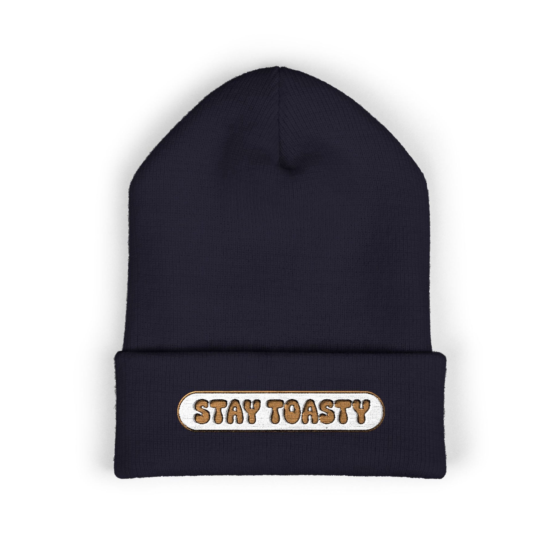 Black beanie with 'Stay Toasty' text on a white background
