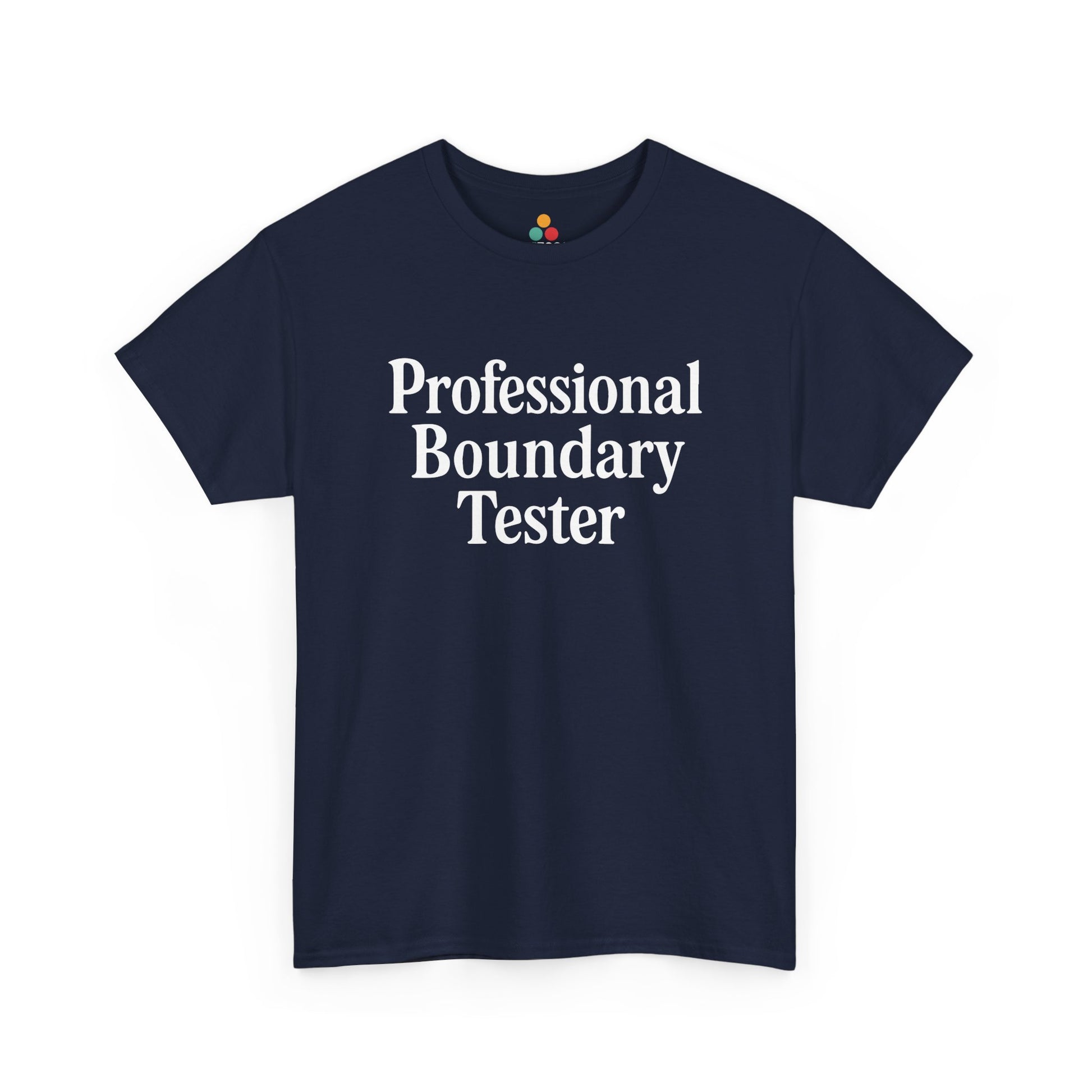 Navy blue t-shirt with 'Professional Boundary Tester' text on a white background