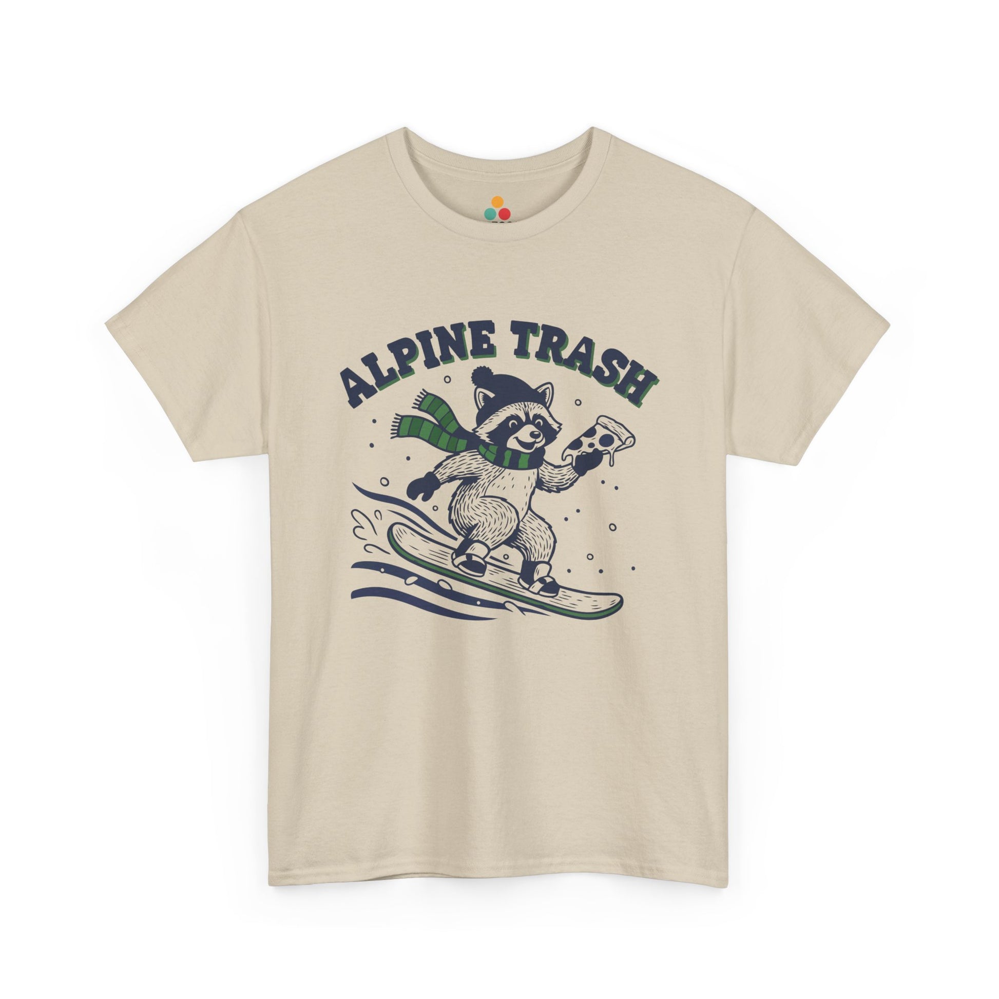 Alpine Trash Raccoon Snowboarding T‑Shirt – Funny Trash Panda Pizza Lover Ski Resort Tee | TEEZOCA 