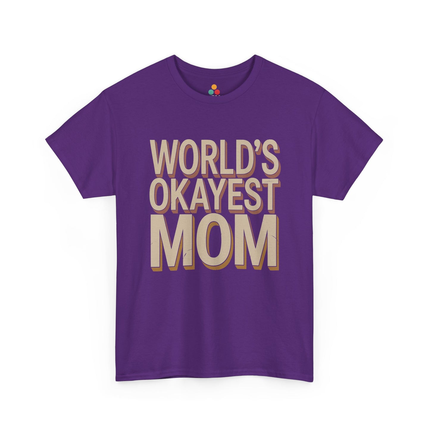 TEEZOCA purple “World’s Okayest Mom” funny women’s t‑shirt shown flat.