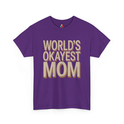 TEEZOCA purple “World’s Okayest Mom” funny women’s t‑shirt shown flat.