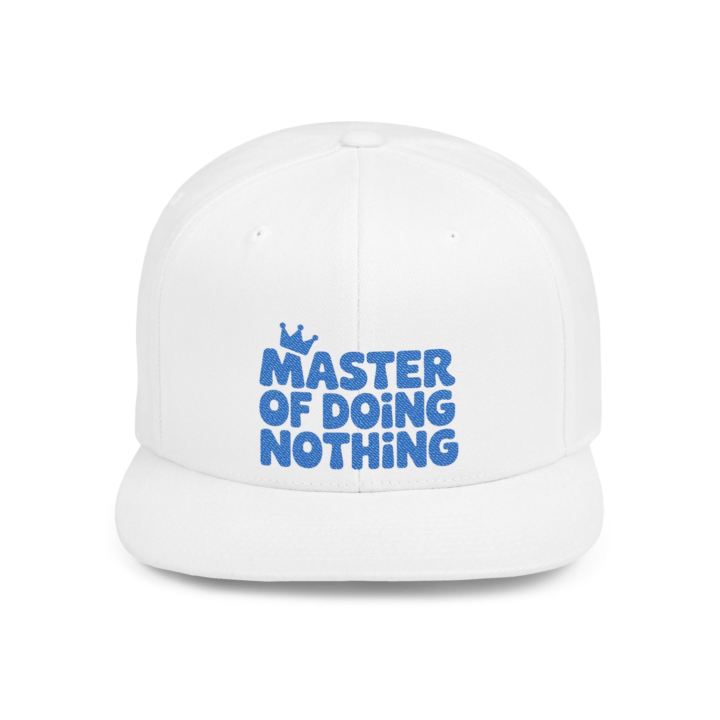 White cap with blue text 'Master of Doing Nothing' on a white background