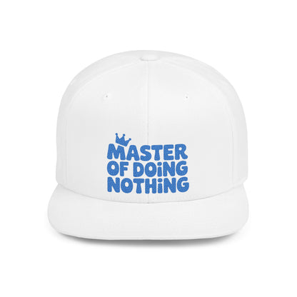 White cap with blue text 'Master of Doing Nothing' on a white background