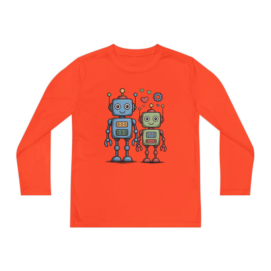 Kids Long Sleeve Tee — Cute Robot Couple Graphic (Hearts & Gears) TEEZOCA