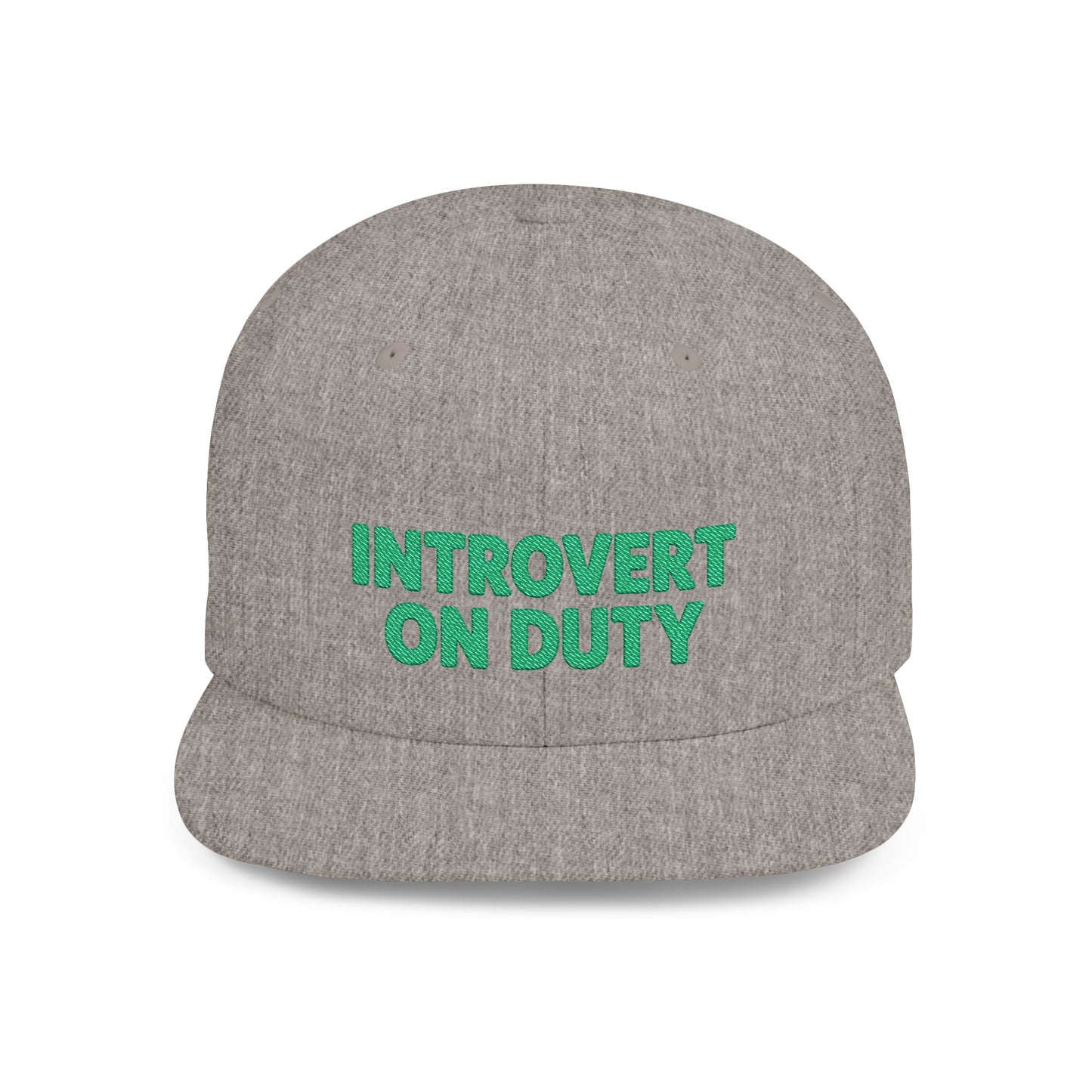 Gray cap with 'Introvert On Duty' text in green on a white background