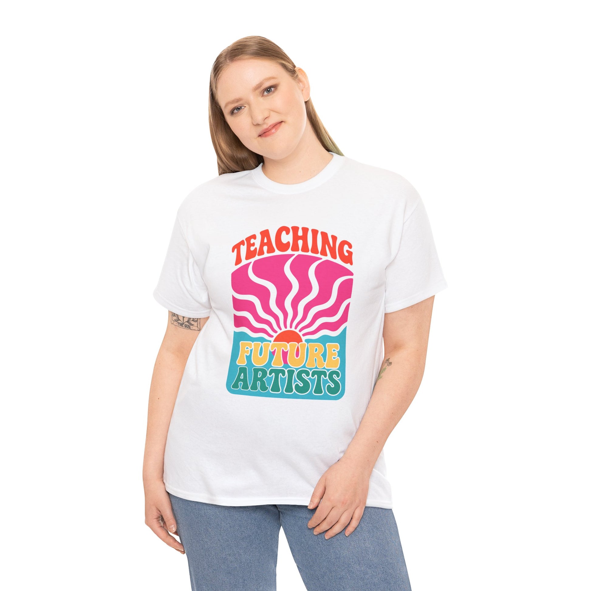"Woman wearing white 'Teaching Future Artists' art teacher t‑shirt, front view."

