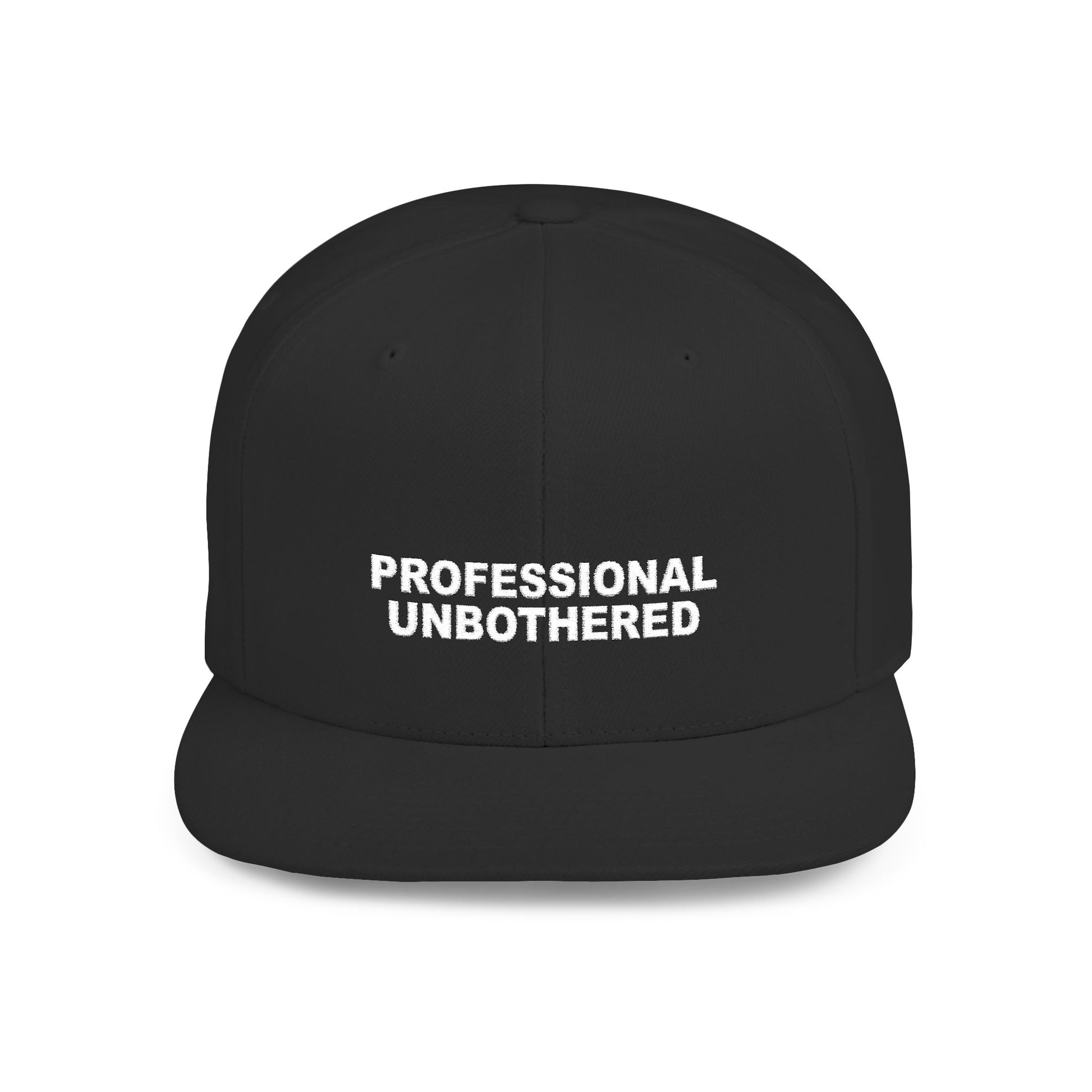 Black cap with 'PROFESSIONAL UNBOtherED' text on a white background