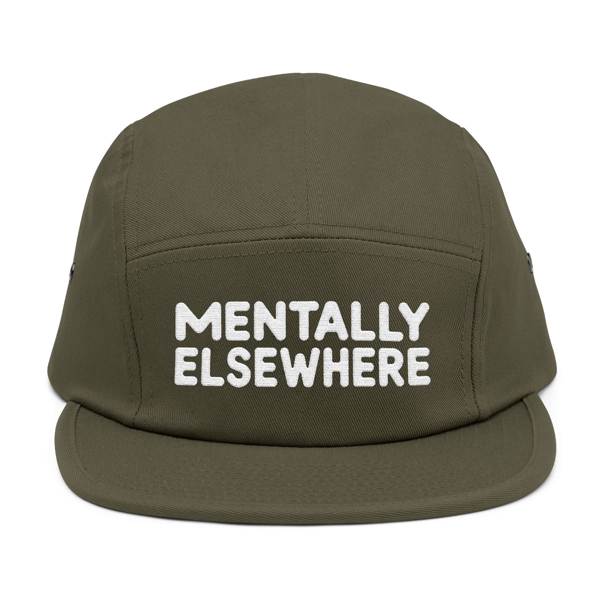 Green cap with 'Mentally Elsewhere' text on a white background. Mentally Elsewhere embroidered text design on five-panel cap. TEEZOCA