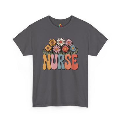 “Teezoca groovy floral Nurse shirt, pastel flower nurse design, charcoal gray tee, front view.”


