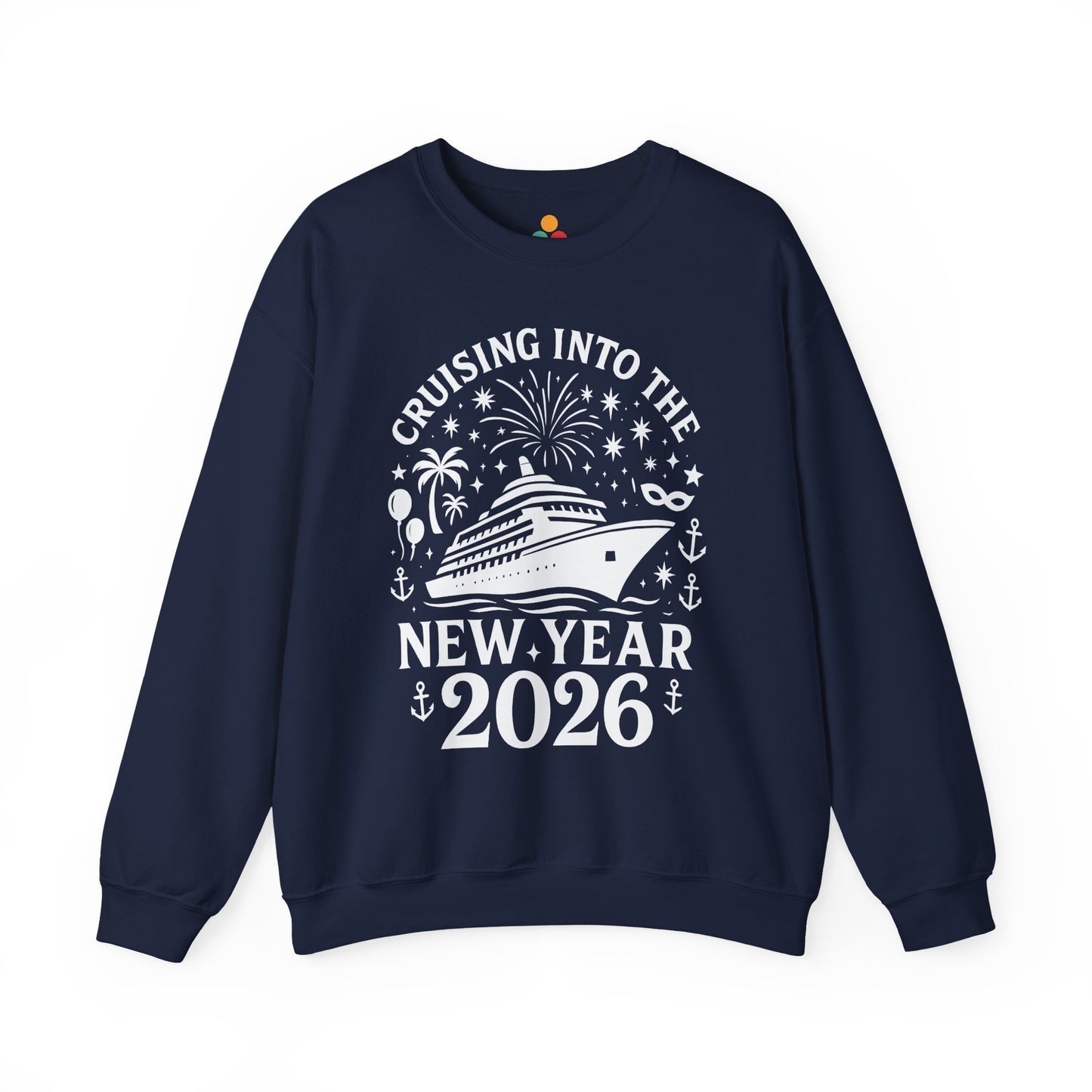 Navy blue sweatshirt with New Year 2026 design on a white background
