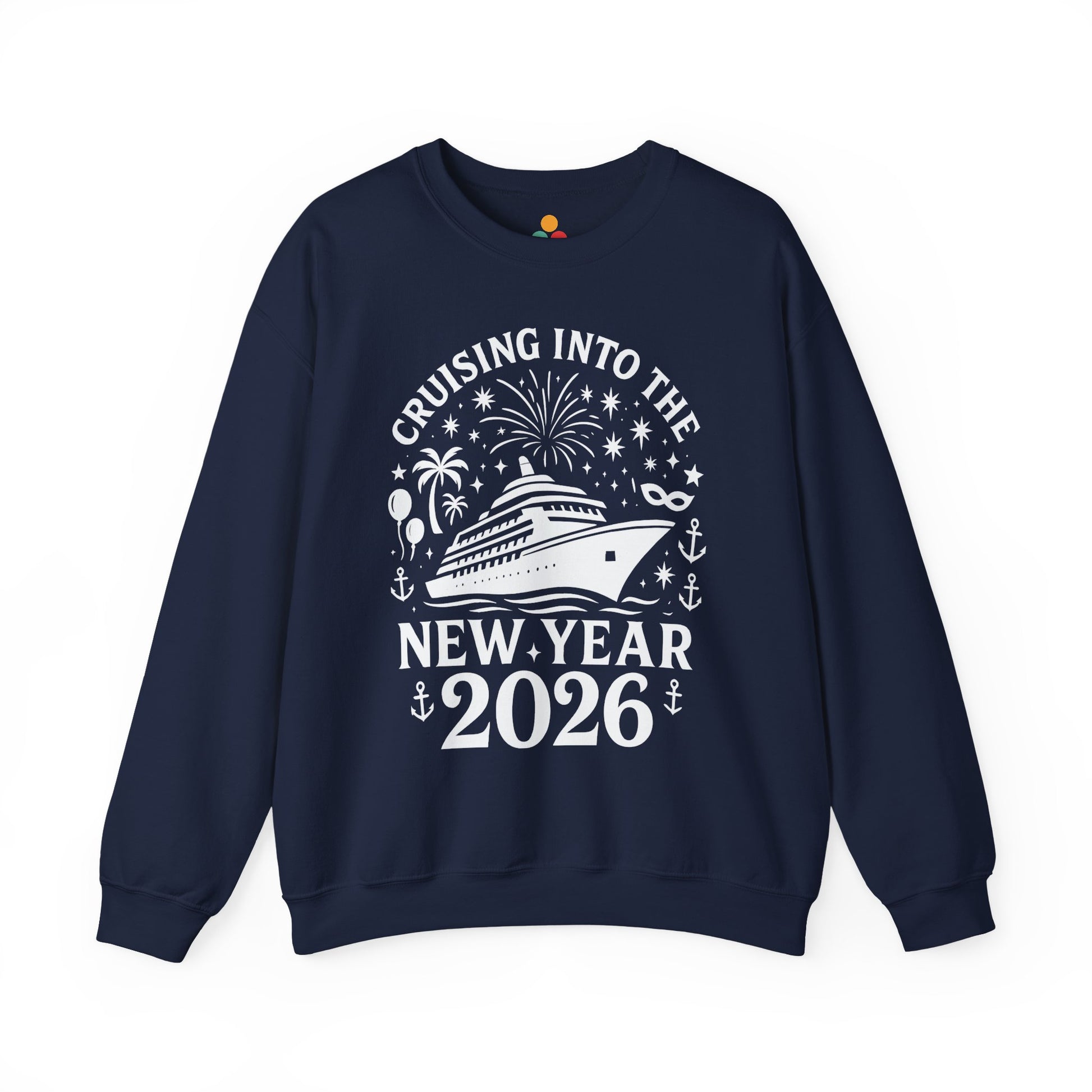 Navy blue sweatshirt with New Year 2026 design on a white background