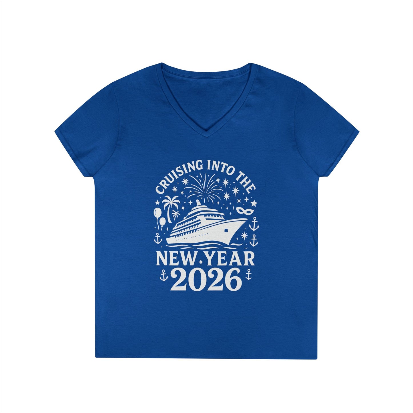 Blue t-shirt with New Year's design featuring a cruise ship and text on a white background