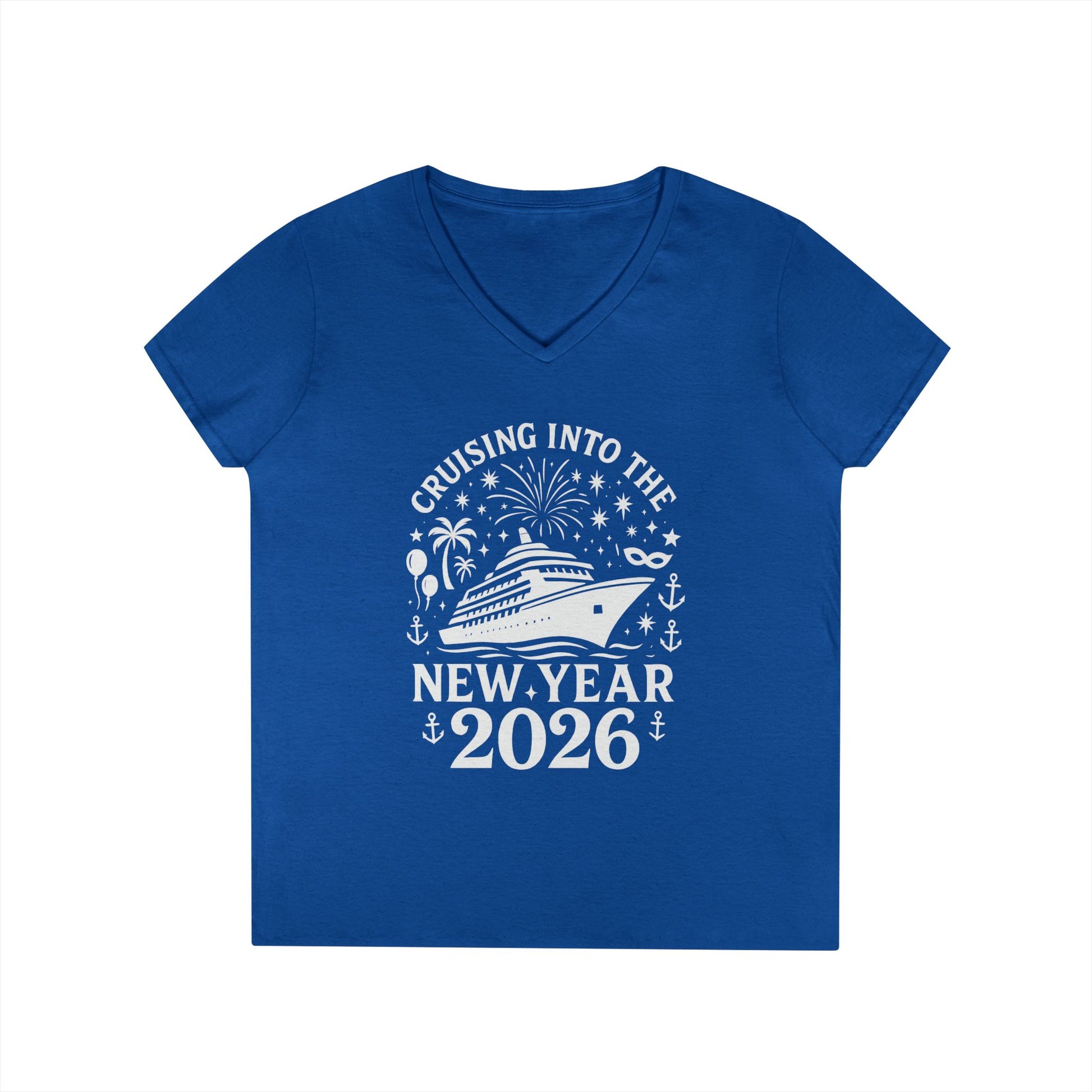 Blue t-shirt with New Year's design featuring a cruise ship and text on a white background