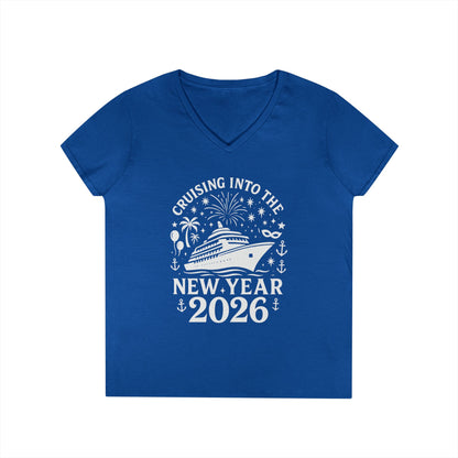 Blue t-shirt with New Year's design featuring a cruise ship and text on a white background