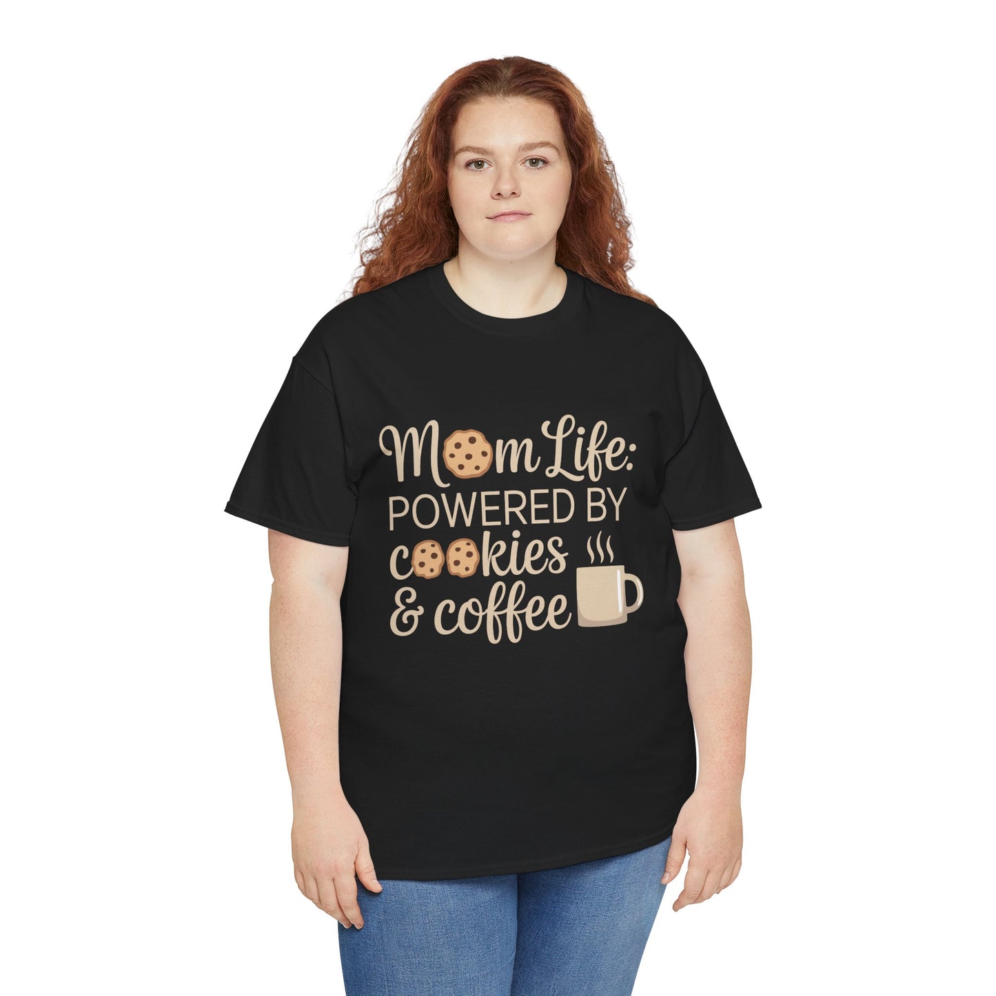 Woman wearing a TEEZOCA black “Mom Life: Powered By Cookies & Coffee” graphic tee.