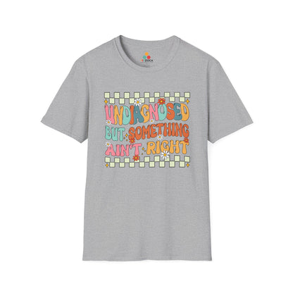Gray t-shirt with colorful text design on a white background