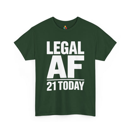 Green t-shirt with 'LEGAL AF 21 TODAY' text on a white background