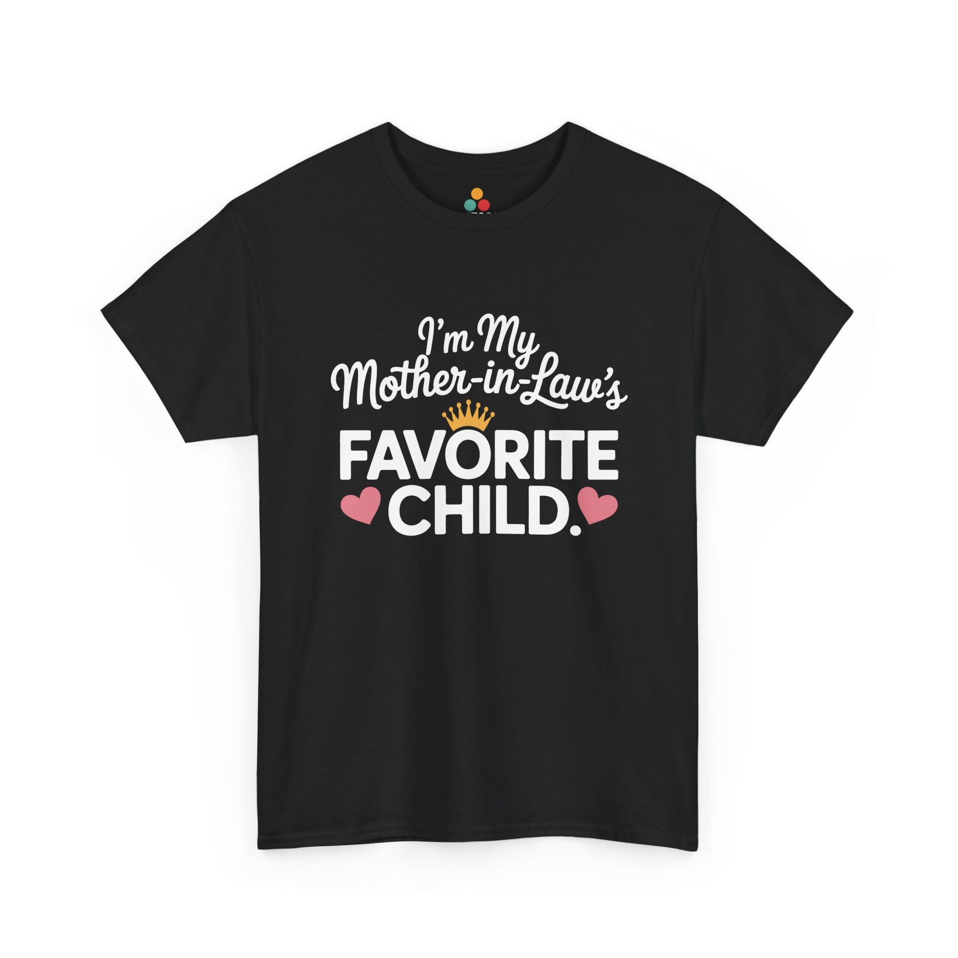 TEEZOCA black “I’m My Mother‑in‑Law’s Favorite Child” crown and hearts t‑shirt shown flat.