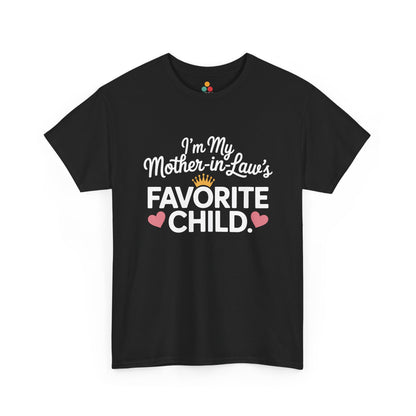 TEEZOCA black “I’m My Mother‑in‑Law’s Favorite Child” crown and hearts t‑shirt shown flat.