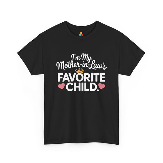 TEEZOCA black “I’m My Mother‑in‑Law’s Favorite Child” crown and hearts t‑shirt shown flat.