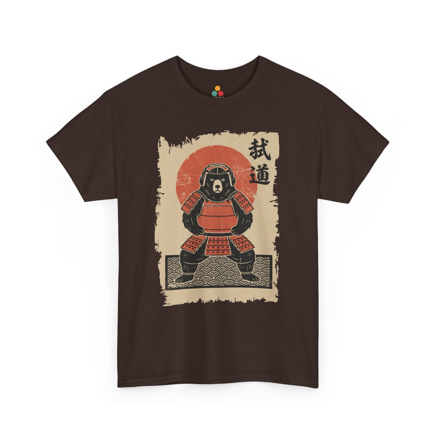 Brown t-shirt with a graphic of A Vintage Japanese ukiyo-e style bear samurai in red armor with red sun background.​

