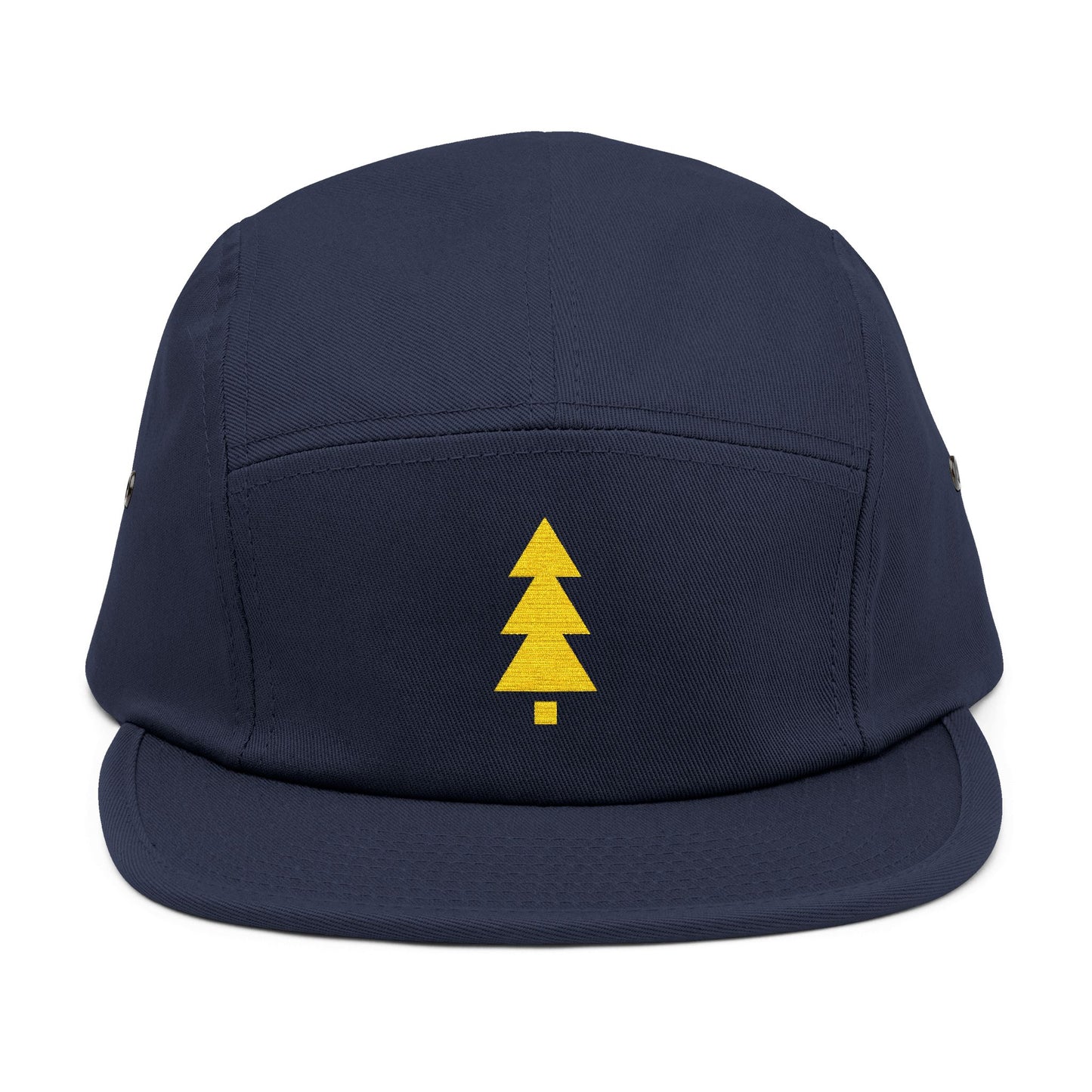 Navy blue cap with a yellow tree logo on a white background. Clean modern holiday tree symbol designed for embroidery. TEEZOCA
