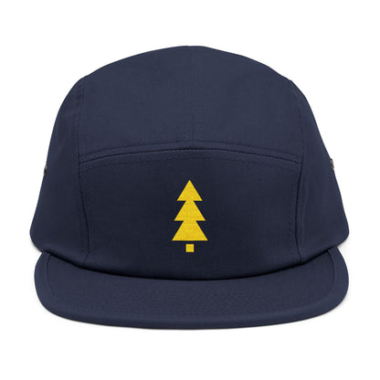 Navy blue cap with a yellow tree logo on a white background. Clean modern holiday tree symbol designed for embroidery. TEEZOCA