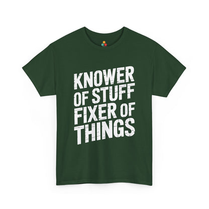 Green t-shirt with white text 'KNOWER OF STUFF FIXER OF THINGS' on a white background. TEEZOCA Funny Father's Day Shirt 