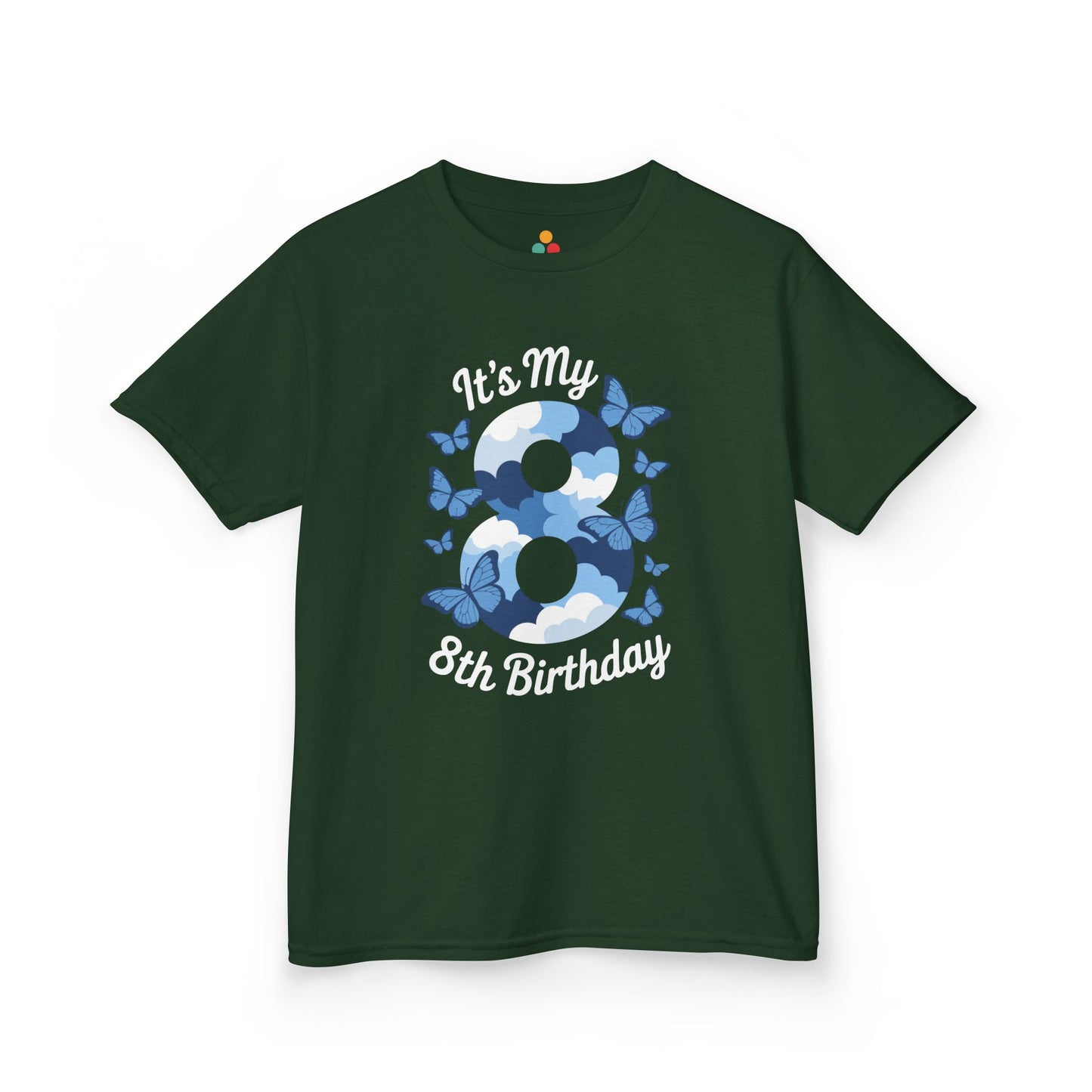 “Forest green ‘It’s My 8th Birthday’ t-shirt, cloud number 8 with blue butterflies, front view.”

