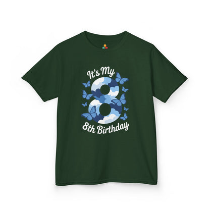 “Forest green ‘It’s My 8th Birthday’ t-shirt, cloud number 8 with blue butterflies, front view.”

