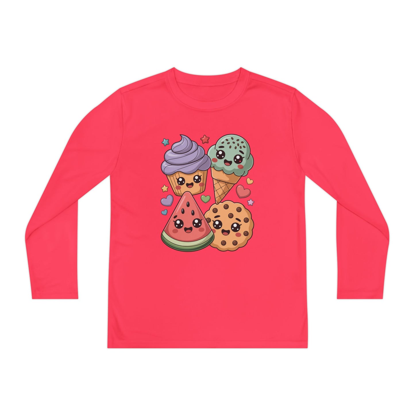 Kids Long Sleeve Tee — Cute Kawaii Snacks: Ice Cream, Cookie & Watermelon Design TEEZOCA