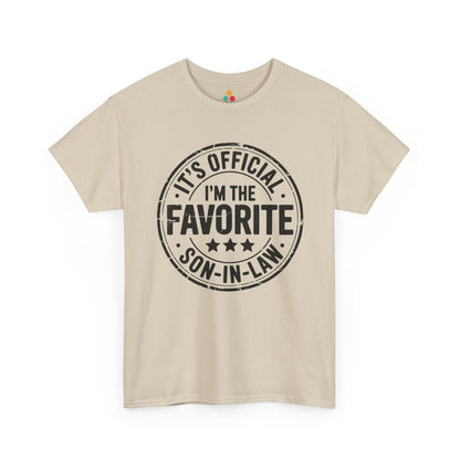 TEEZOCA beige “It’s Official I’m The Favorite Son‑in‑Law” novelty t‑shirt displayed flat.
