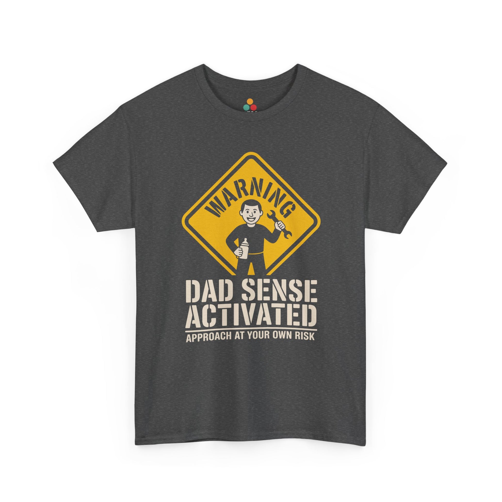 TEEZOCA dark gray “Warning Dad Sense Activated Approach At Your Own Risk” humorous new dad t-shirt on a plain background.