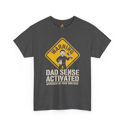 TEEZOCA dark gray “Warning Dad Sense Activated Approach At Your Own Risk” humorous new dad t-shirt on a plain background.