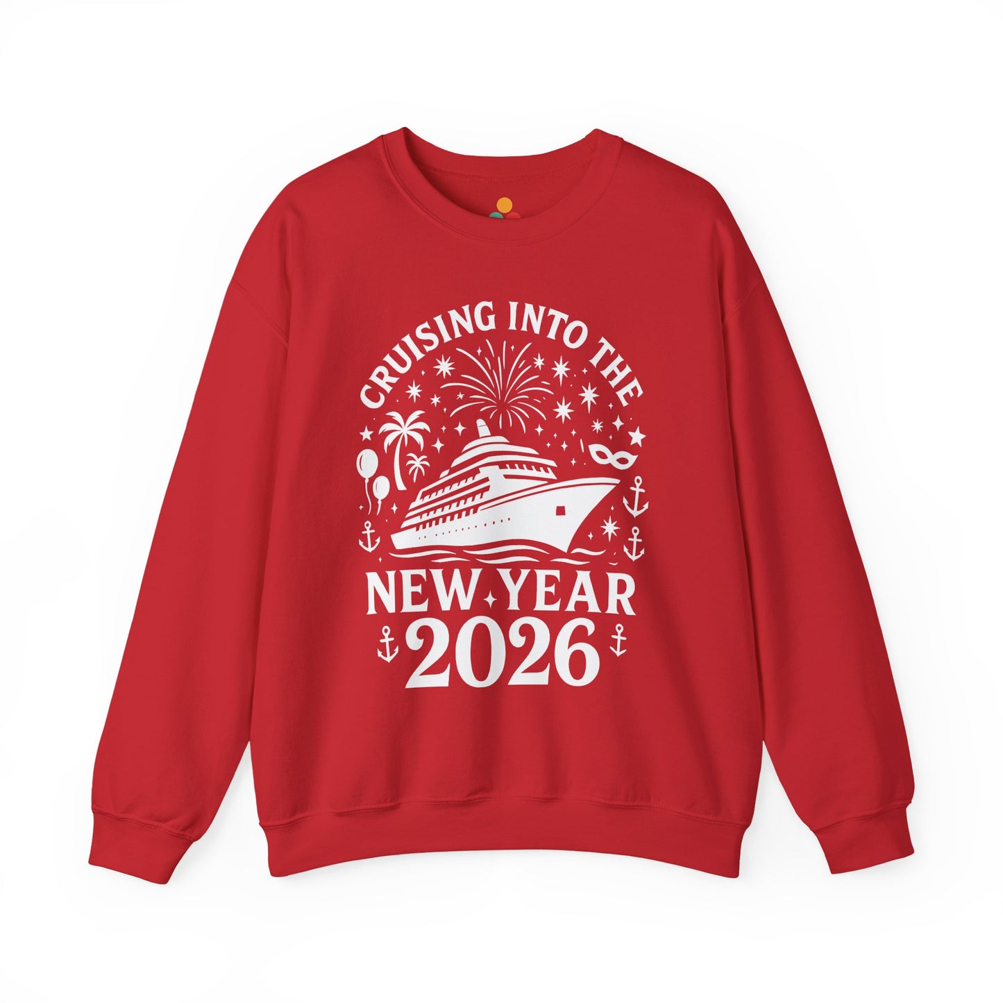 Red sweatshirt with New Year's design featuring a cruise ship and text on a white background