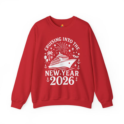 Red sweatshirt with New Year's design featuring a cruise ship and text on a white background